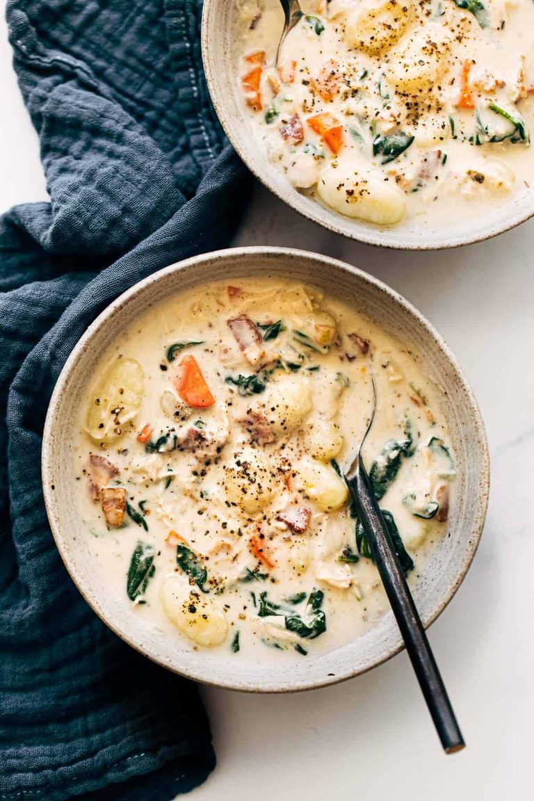 Gnocchi soup in a bowl.