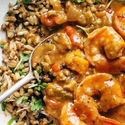 Spicy Gumbo in a bowl with rice.