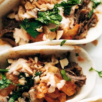 Korean Beef Tacos in a row.