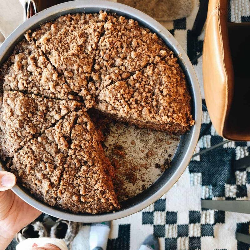 Coffee cake sliced in a bowl.
